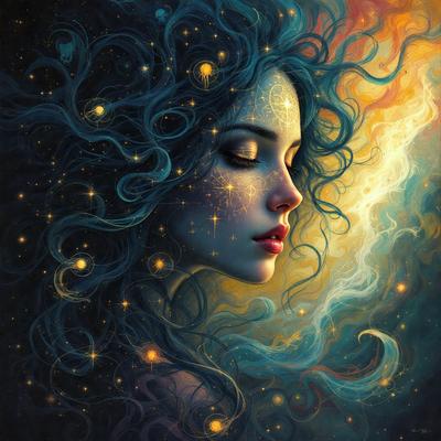 The primary subject of the image is a woman with long, flowing hair. She is adorned with a starry pattern on her face, which adds a celestial and magical touch to the scene. The setting is a night sky, with the woman standing in front of it. The visual style of the image is a digital art or illustration, showcasing the woman's beauty and the starry pattern on her face. The colors and mood of the image are predominantly blue and purple, creating a
